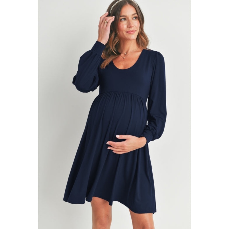 Scoop Neck Puff Sleeve Maternity Dress with Pockets – Navy S