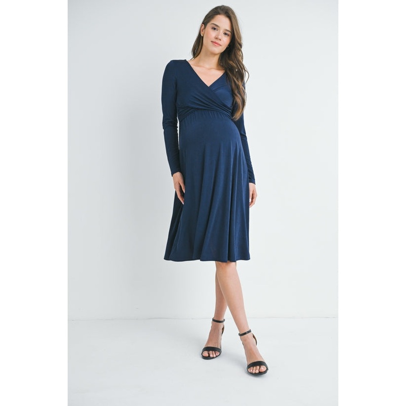 Surplice Wrap Long Sleeve Maternity Nursing Dress – Navy S