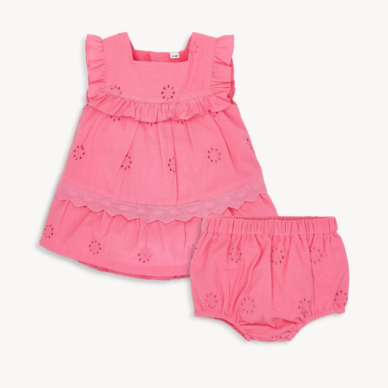 Cotton Poplin Magnetic Ruffle Sleeve Dress + Diaper Cover Set – Bubble Gum 0-3m