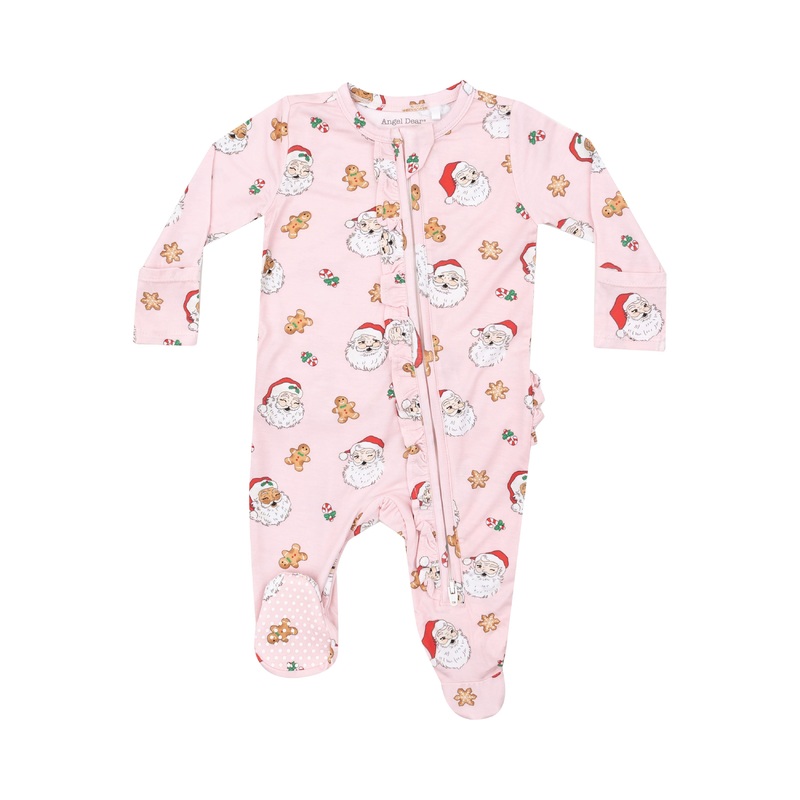 Ruffle Back Zipper Footie – Pink Vintage Santas with Gingerbread NB