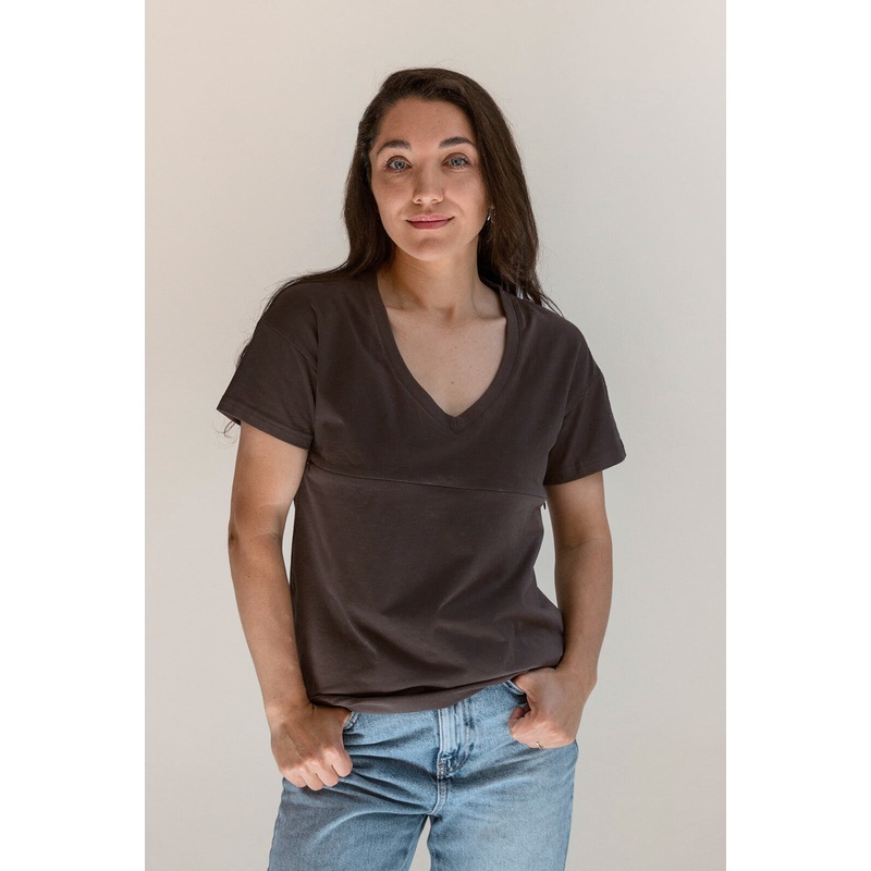 V Neck Full Zip Breastfeeding Tee – Gray XS