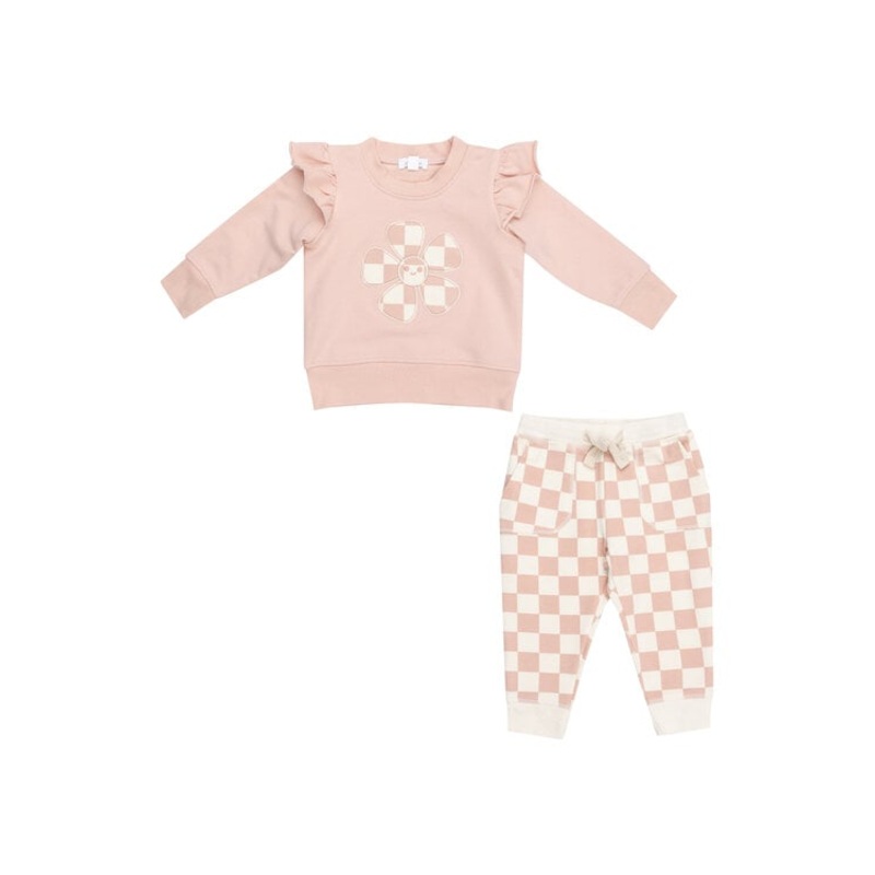 French Terry Ruffle Patch Sweatshirt and Jogger – Checkerboard Pink 3-6m