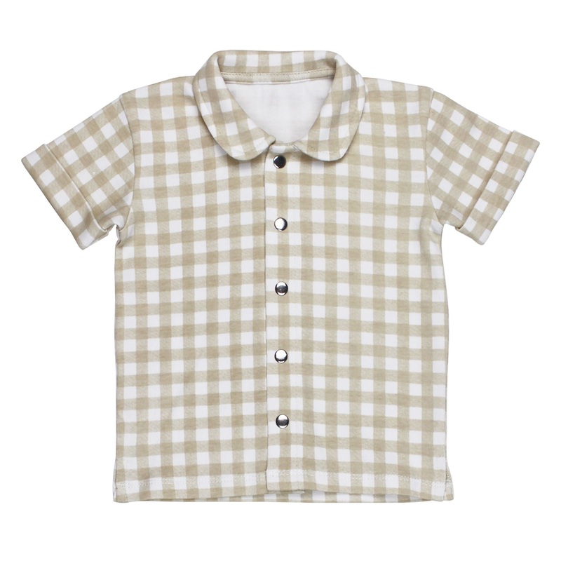 Printed Button-Up Shirt – Stone Gingham 2T