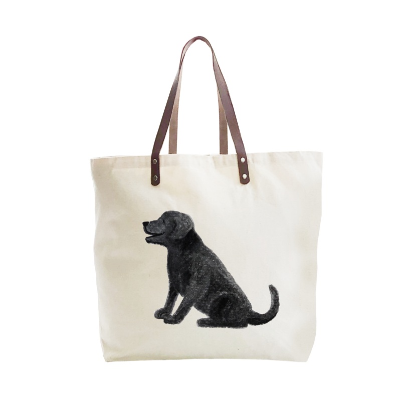 black dog sitting large tote