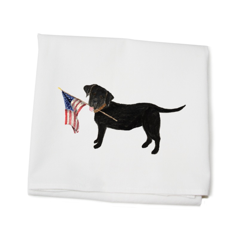 black lab + flag flour sack towel