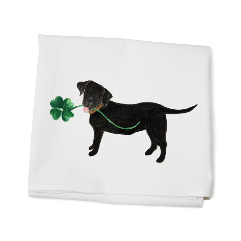 lab with shamrock flour sack towel