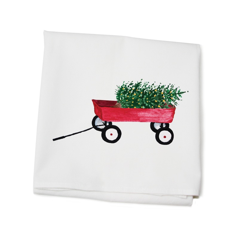 red wagon with tree flour sack towel