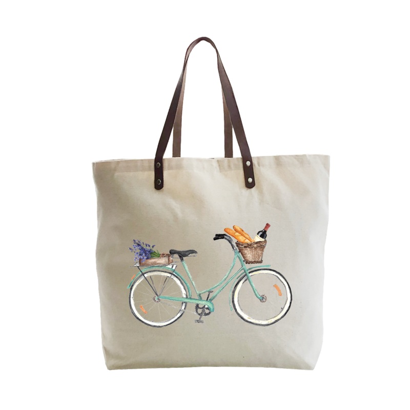 seafoam bike wine and bread large tote
