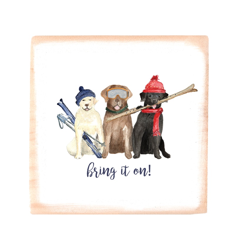 three labs skiing bring it on square wood block