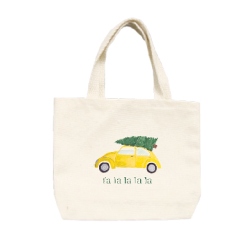 yellow vw + tree fa la la la small tote