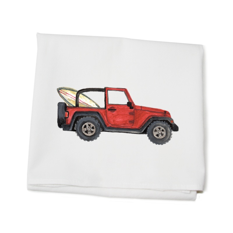 red jeep + surfboard flour sack towel