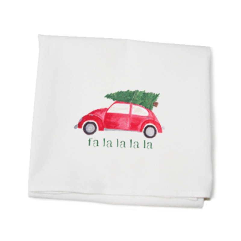 red vw + tree fa la la la flour sack towel