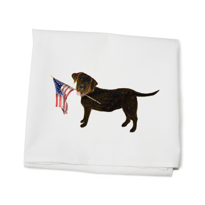 chocolate lab + flag flour sack towel
