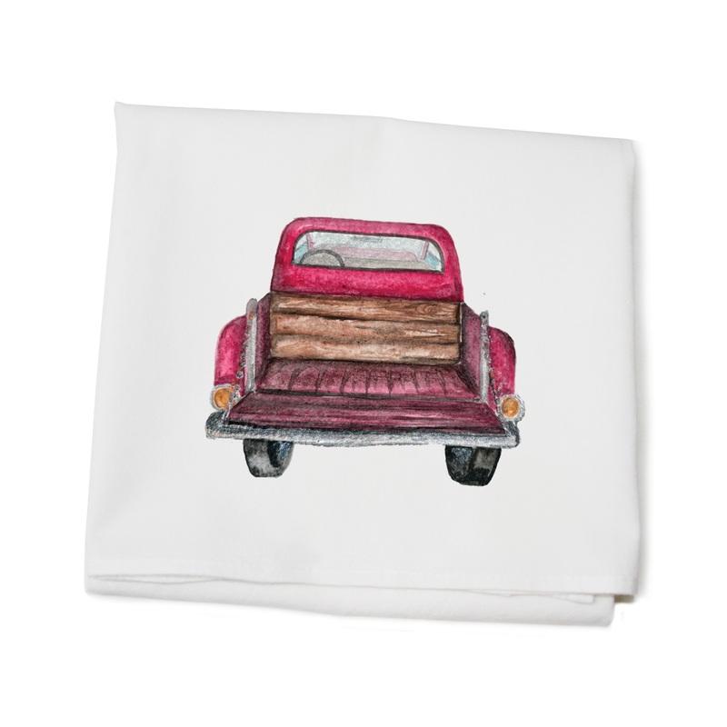red pick up tailgate down flour sack towel