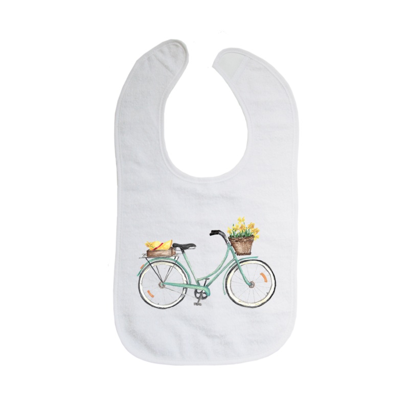 seafoam bike with daffodils and straw hat bib