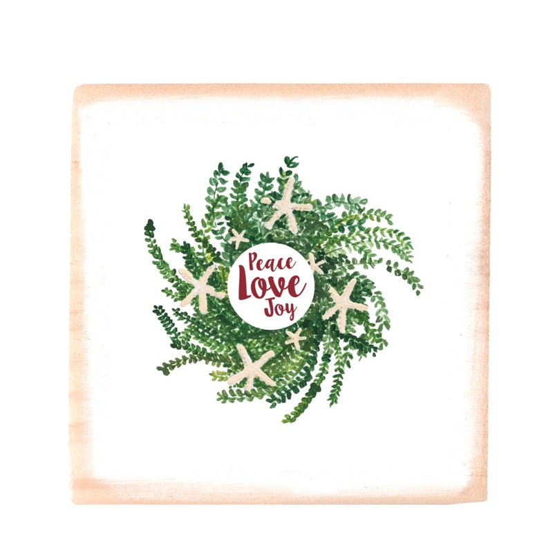 starfish wreath peace love joy square wood block