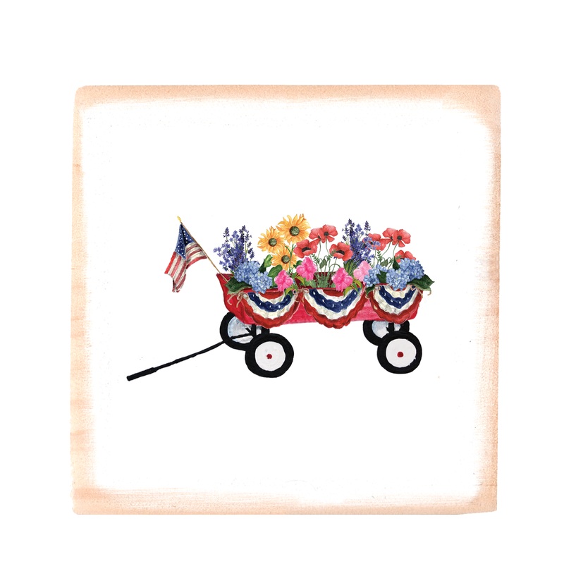 wagon with flowers square wood block