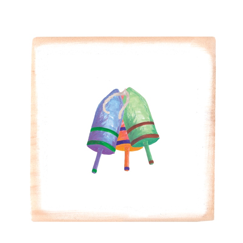 three buoys with twine square wood block
