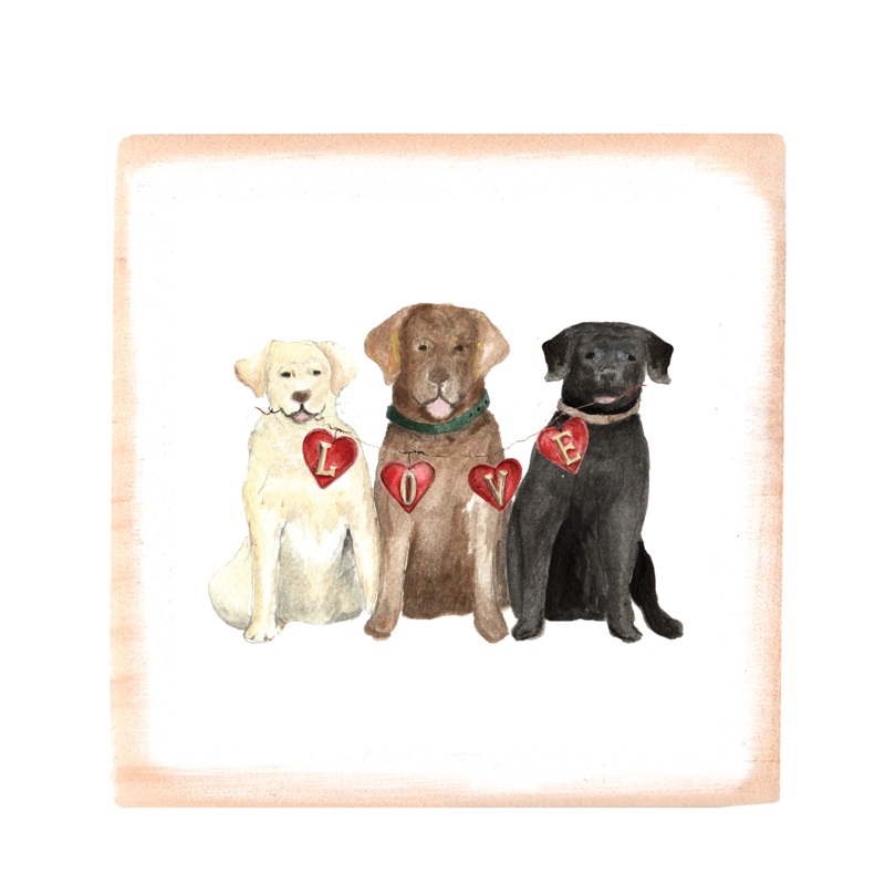 three labs valentine’s day square wood block