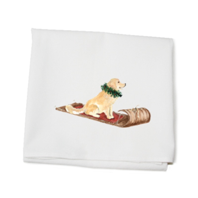 golden on sled flour sack towel