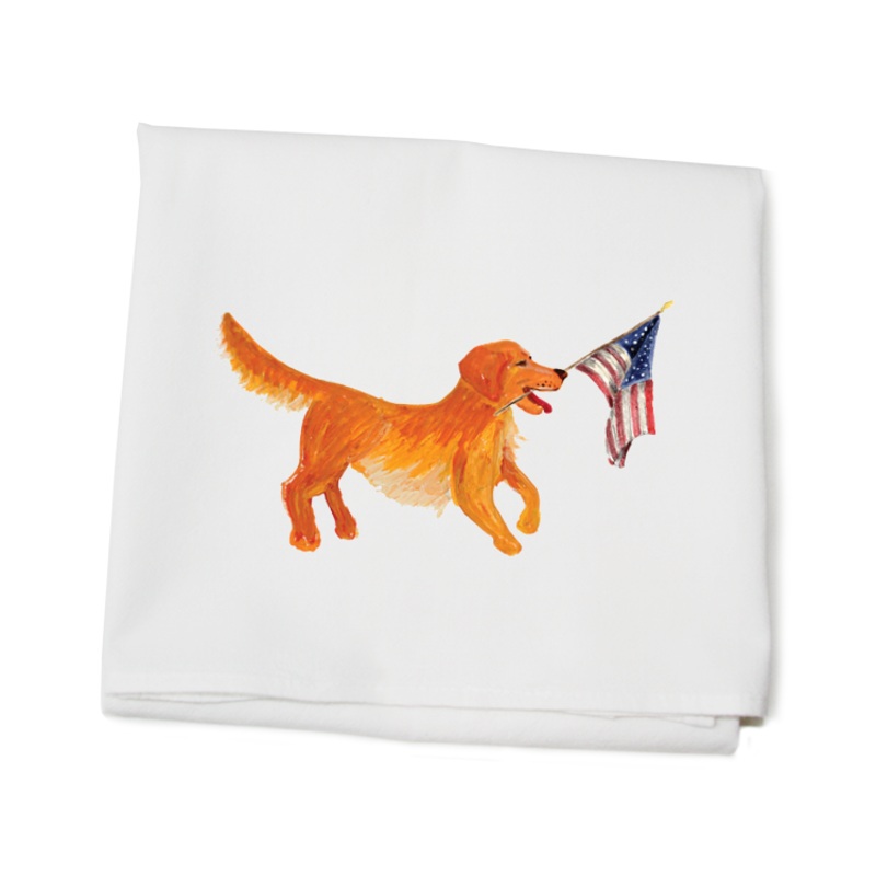 golden retriever + flag flour sack towel