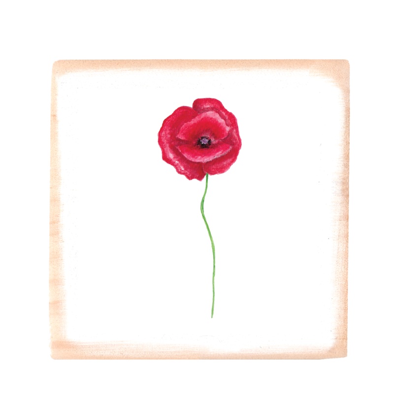 red poppy square wood block