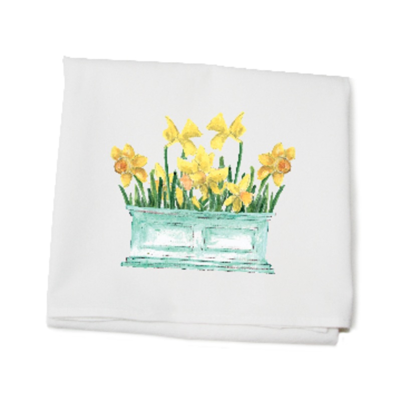 daffodils in flower box flour sack towel