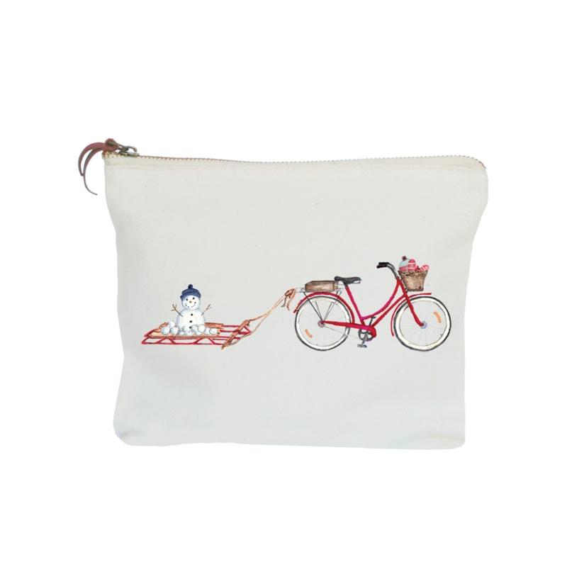 red bike with snowman on sled zipper pouch