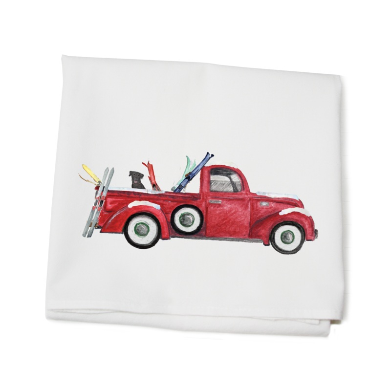 red truck with skis flour sack towel