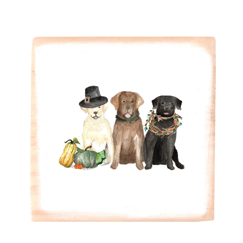 three labs thanksgiving square wood block