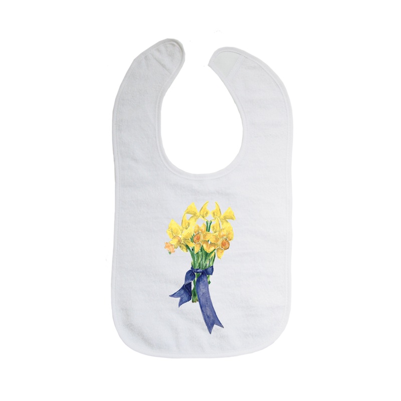 daffodils with blue ribbon bib