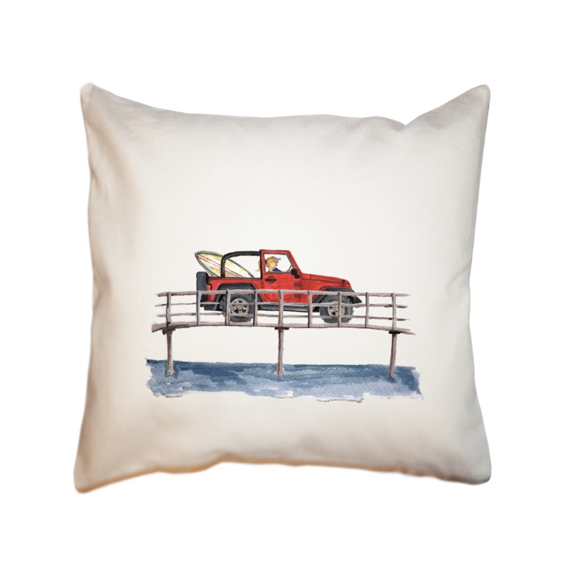 red jeep on bridge square pillow