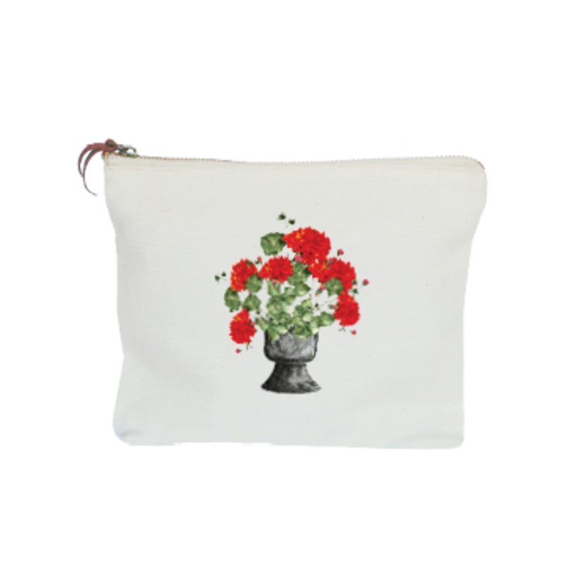 red geraniums in black pot zipper pouch