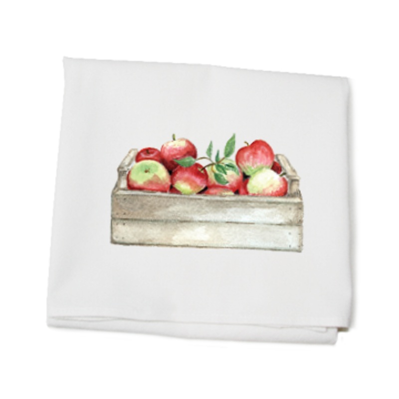 apples in crate flour sack towel