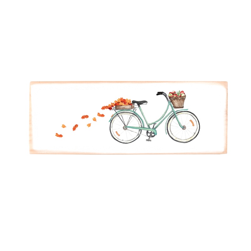 bike with apples and leaves rectangle wood block