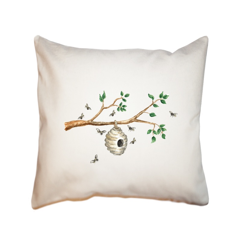hive on branch with bees square pillow