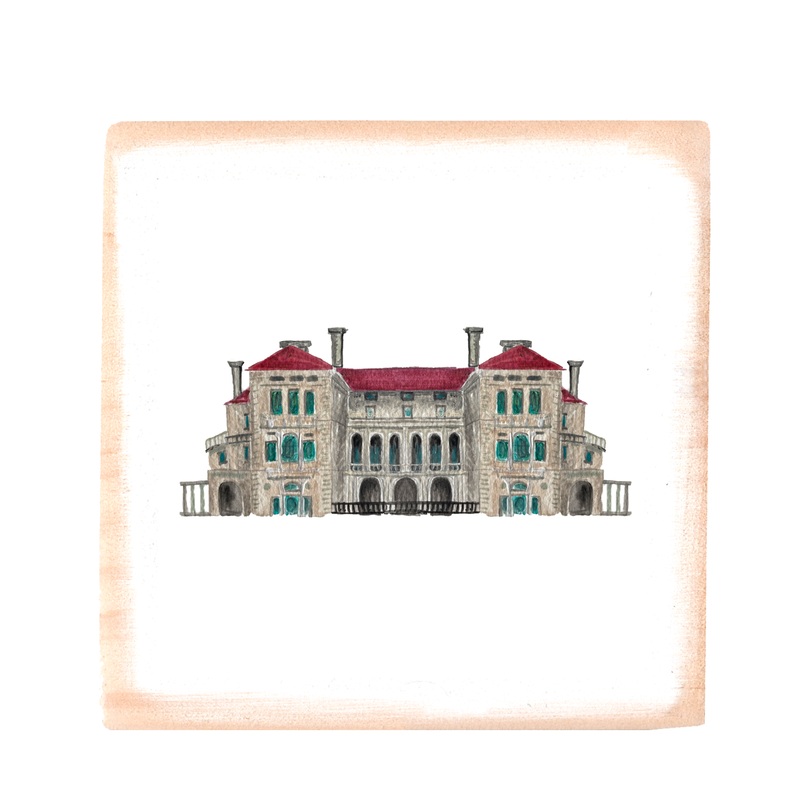 newport mansion with red roof square wood block