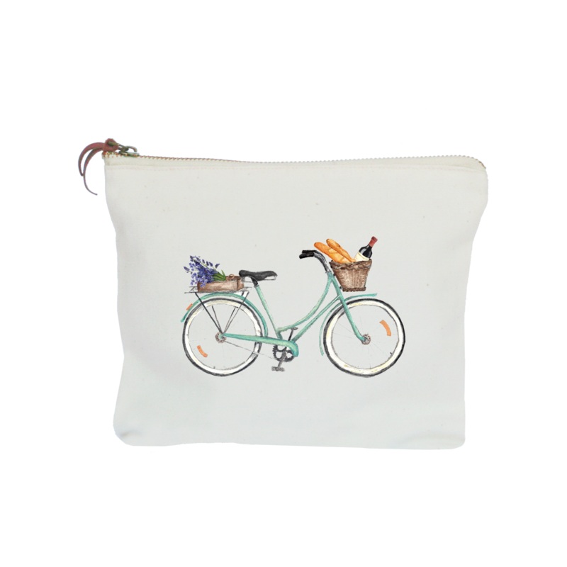 seafoam bike wine and bread zipper pouch
