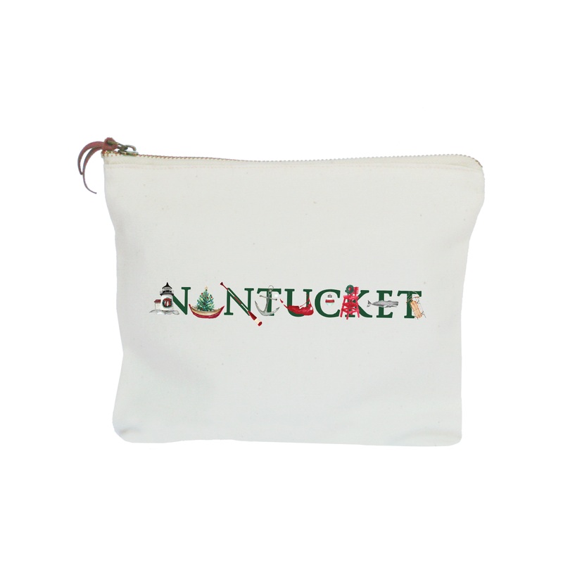 nantucket holiday with green text zipper pouch