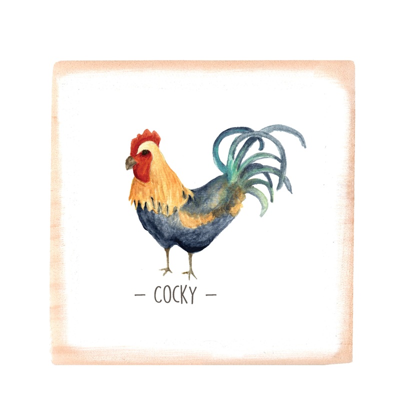 cocky rooster square wood block