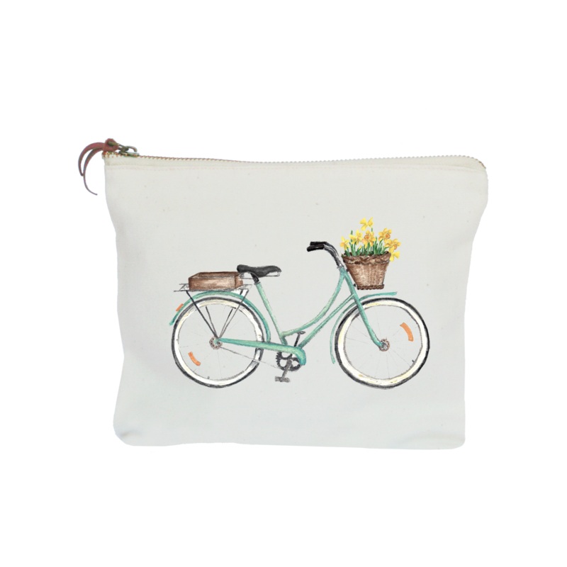 seafoam bike with daffodils in front zipper pouch