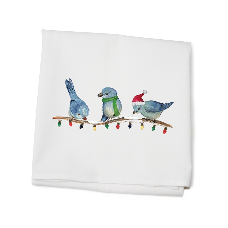 three bluebirds christmas flour sack towel
