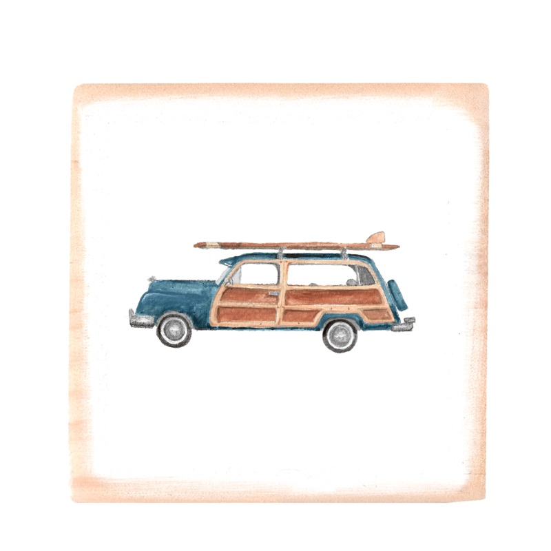 blue woody with surfboard square wood block