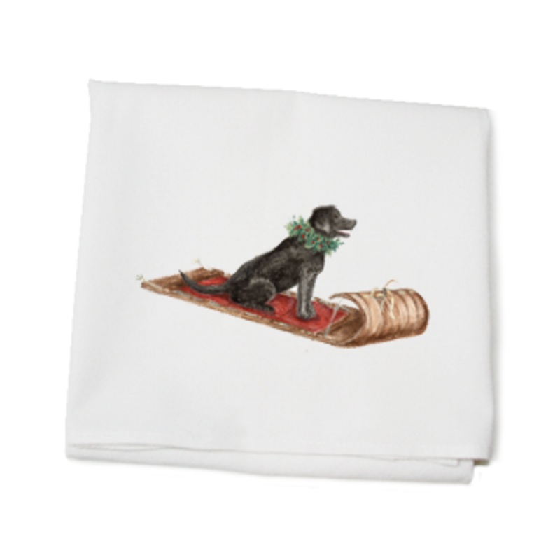 black lab on sled flour sack towel