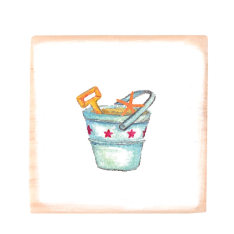 bucket and shovel with star fish square wood block