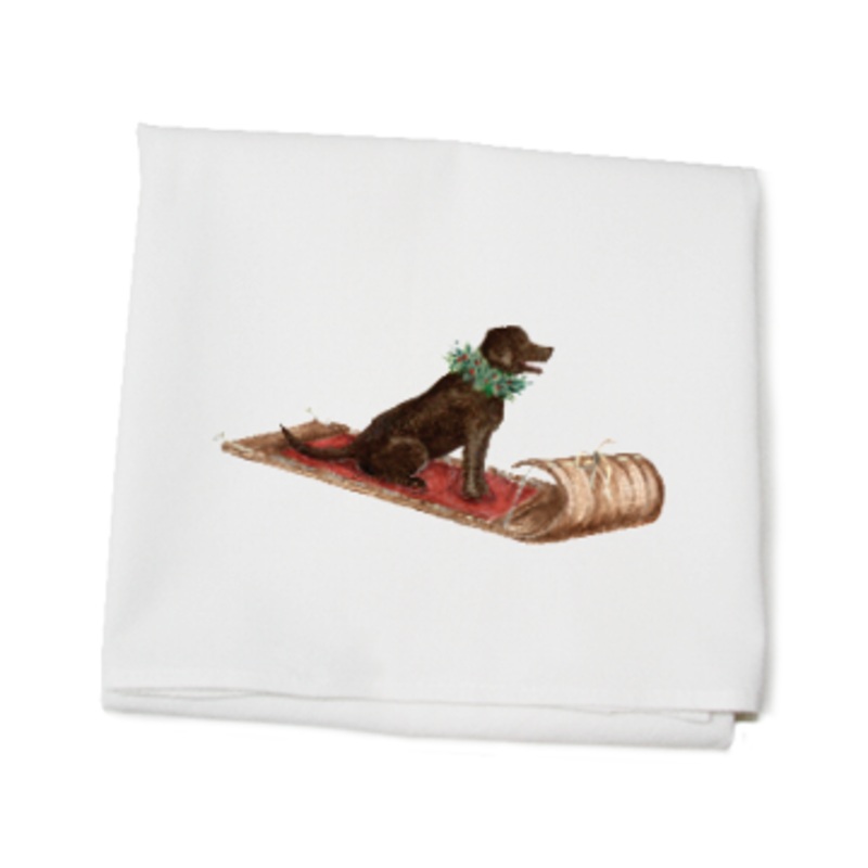 choc lab on sled flour sack towel