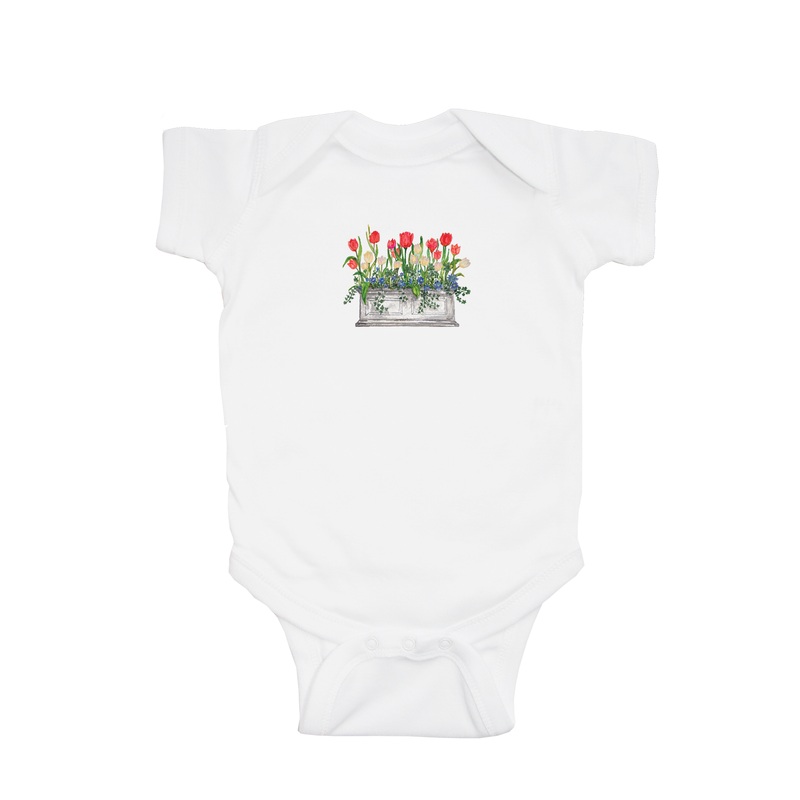 red white and blue tulips in window box baby snap up short sleeve