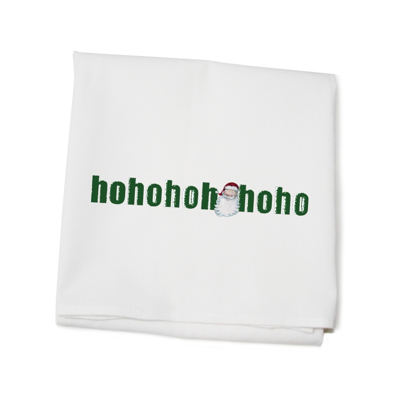 santa face ho ho ho green text flour sack towel