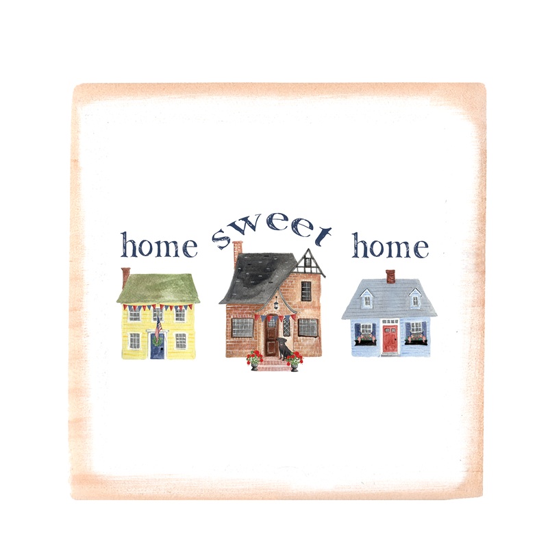 three houses patriotic home sweet home wood block