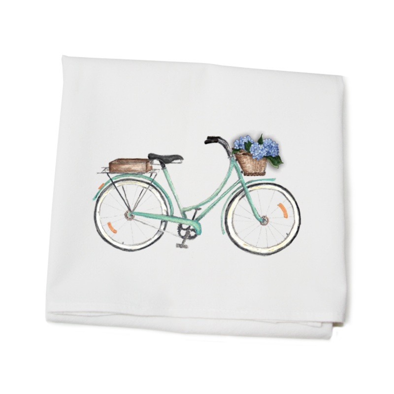 bike with hydrangeas flour sack towel